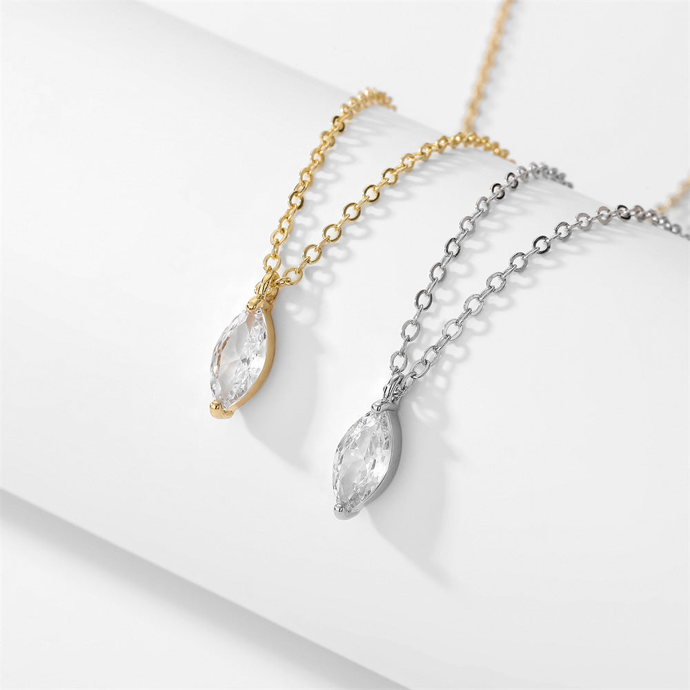 Marquise Single Diamond Thin Clavicle Chain, Gold & Silver Minimalist Teardrop Diamond Dainty Necklace