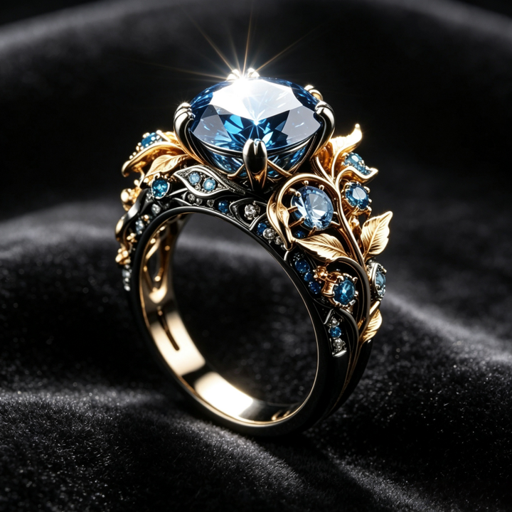 Two-Tone Gold Vine Leaf Sapphire 3D Carved Ring, Solid S925 Silver Black & Gold Vintage Forest Heavy Statement Band