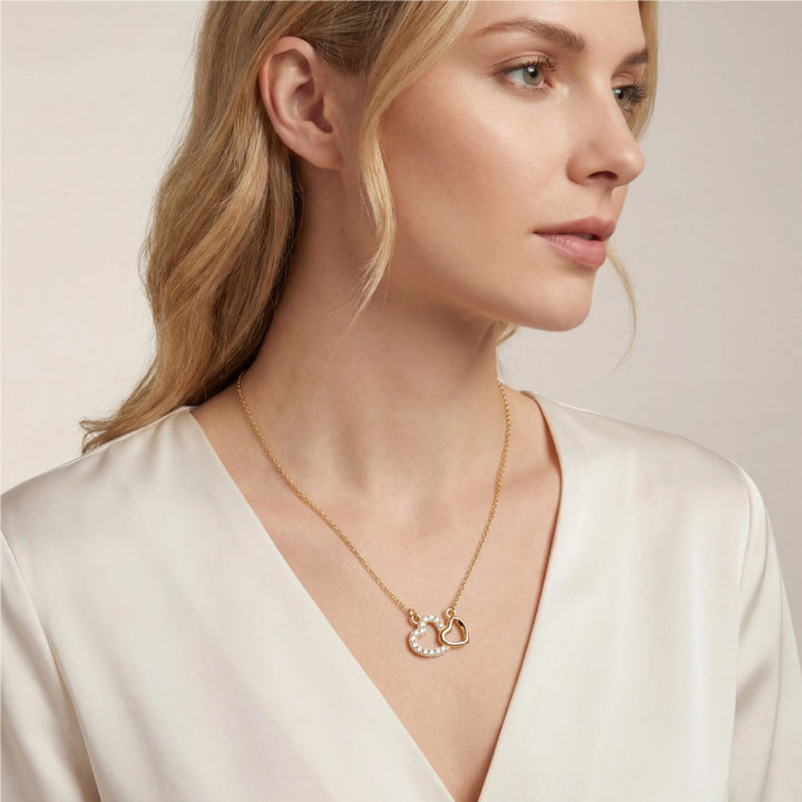 Interlocking Double Heart Paved Diamond Necklace, Minimalist Luxury Dainty Pendant Necklace for Women
