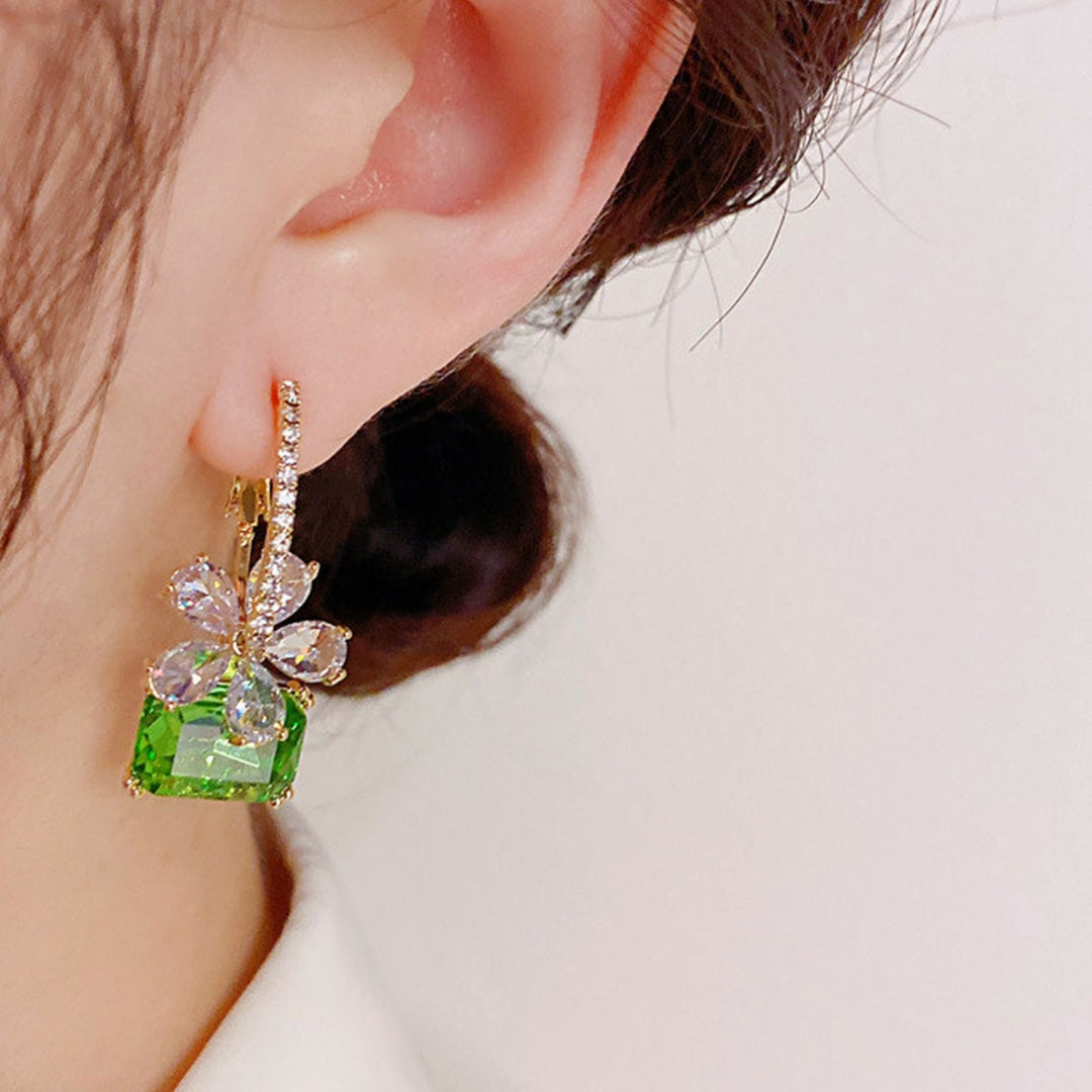 Green Square Diamond Flower Hoop Earrings, Fresh Square Green Gem Floral Diamond Dangle Earrings, Gold Luxury Earrings