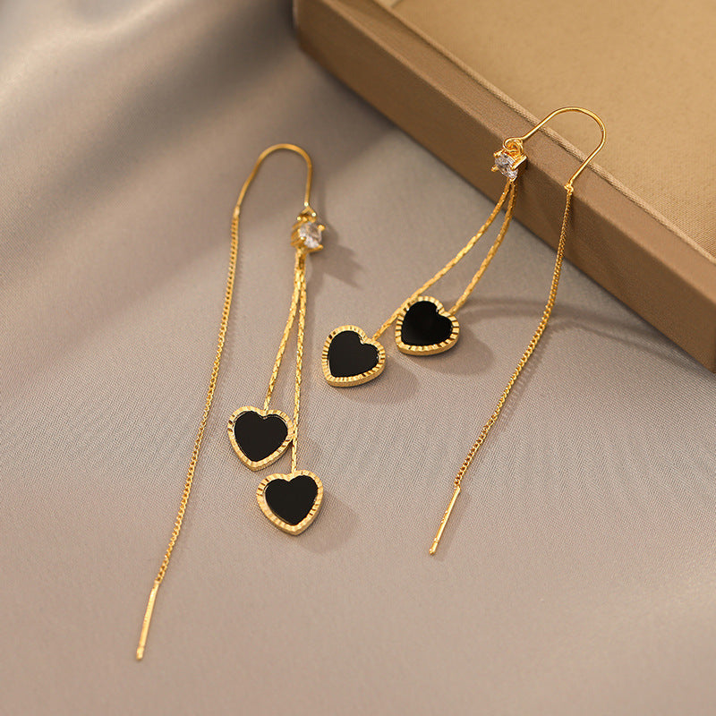 Double Black Heart Tassel Threader Earrings (Luxury Sweet & Edgy Earrings)