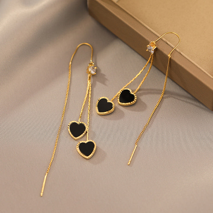 Double Black Heart Tassel Threader Earrings (Luxury Sweet & Edgy Earrings)