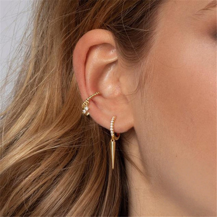 S925 Silver Pave Crystal Hoop Spike Dangle Huggie Earrings, Edgy Long Rivet‑Style Drop Earrings, Gold / Silver Two‑Tone