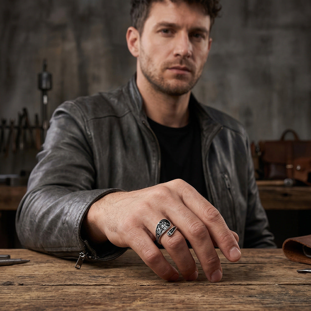 Grim Reaper Cross Open‑Adjustable Ring