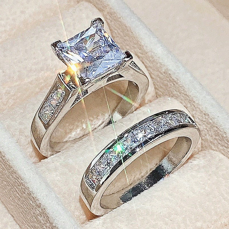 Princess Cut Diamond Double Layer Ring Set (Light Luxury Engagement Style Sparkling Ring)