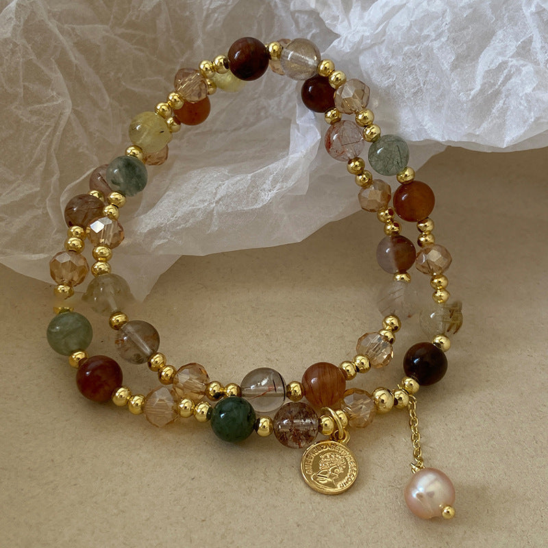 Vintage Mixed Rutilated Quartz Double Beaded Bracelet with Coin Charm