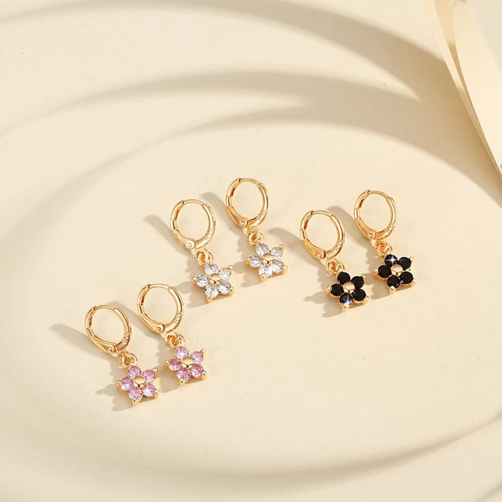S925 Silver Paved Small Flower Huggie Earrings, Multi-color Delicate Five-petal Flower Drop Earrings