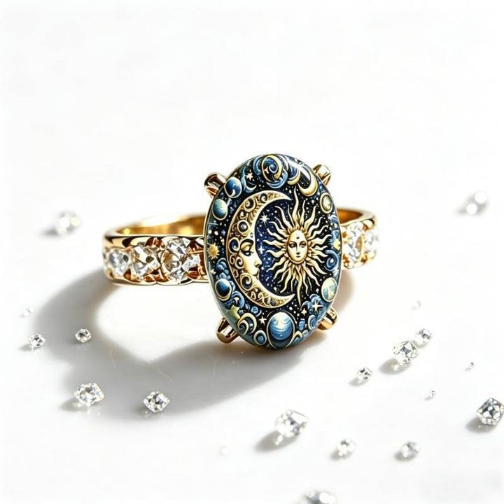 Vintage Sun‑Moon Star Enamel Oval Ring