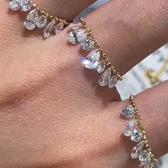 S925 Silver Pear & Round Diamond Chain Adjustable Ring, Tassel Diamond Flexible Slide Ring