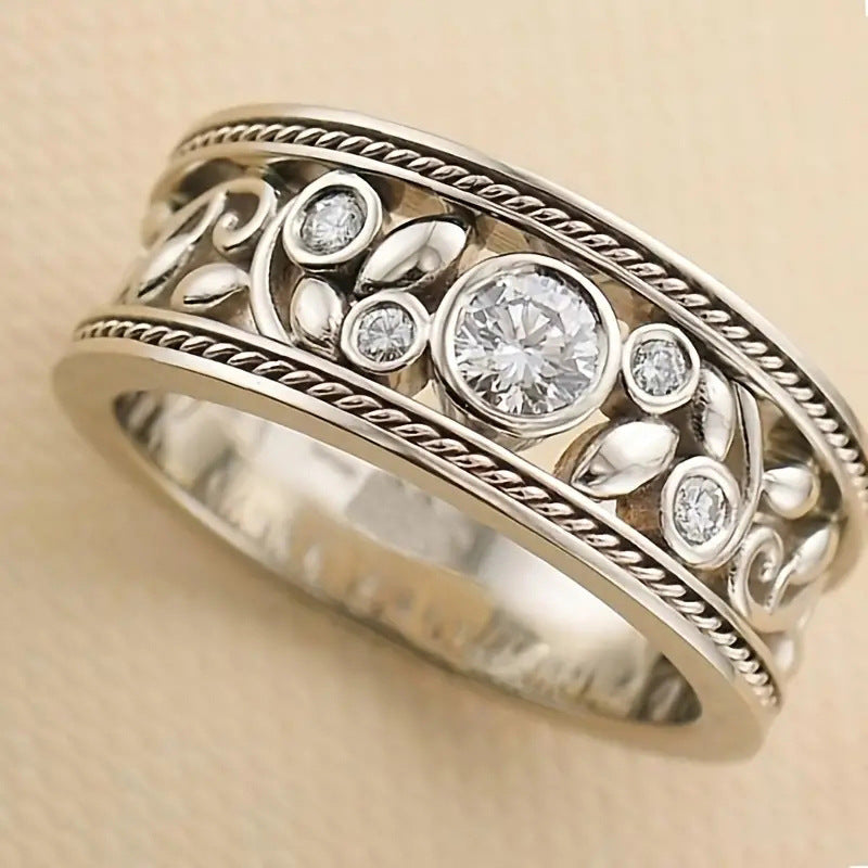 Vintage Filigree Diamond Wide Band Ring (Ornate Silver Tone Statement Ring)