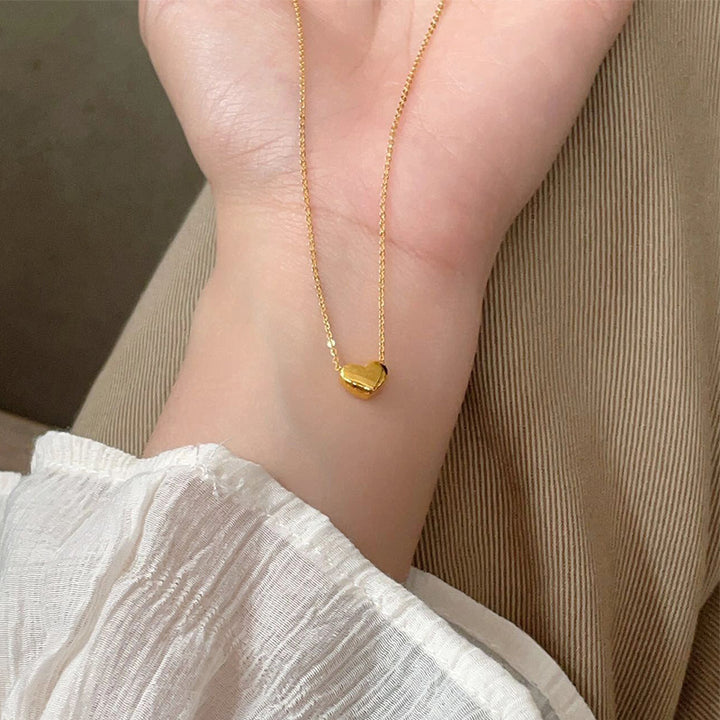 Smooth Solid Heart Necklace, Minimal 3D Heart Collarbone Chain, Classic Gold Basic Jewelry