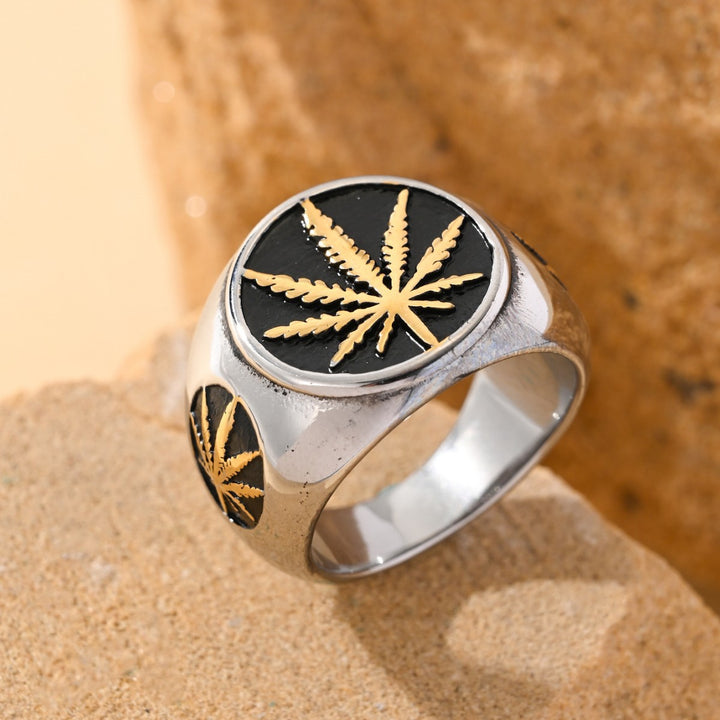 Vintage Maple Leaf Embossed Two-Tone Signet Ring, S925 Silver Gold & Silver Two Tone Street Wide Band For Men