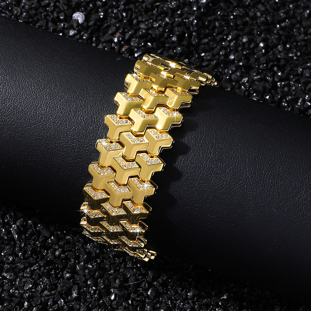 Iced Out Tank Link Wide Bracelet, Hip Hop Luxury Watch Band Style Bracelet for Men