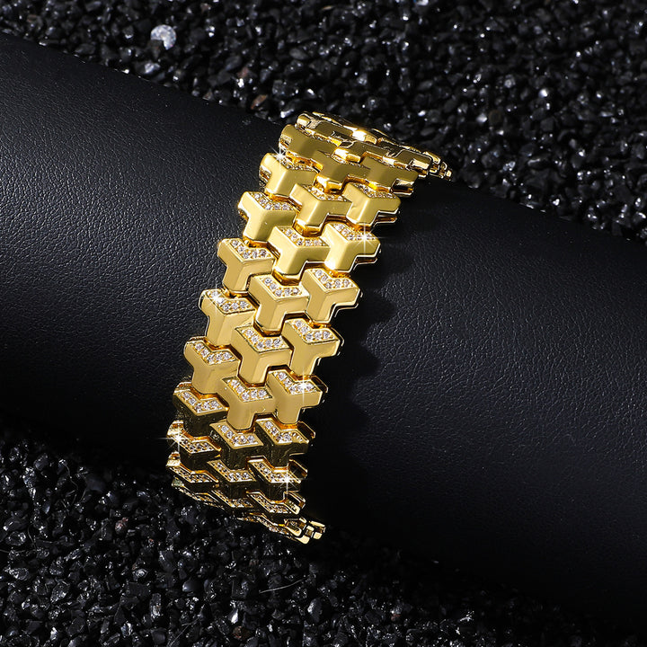 Iced Out Tank Link Wide Bracelet, Hip Hop Luxury Watch Band Style Bracelet for Men