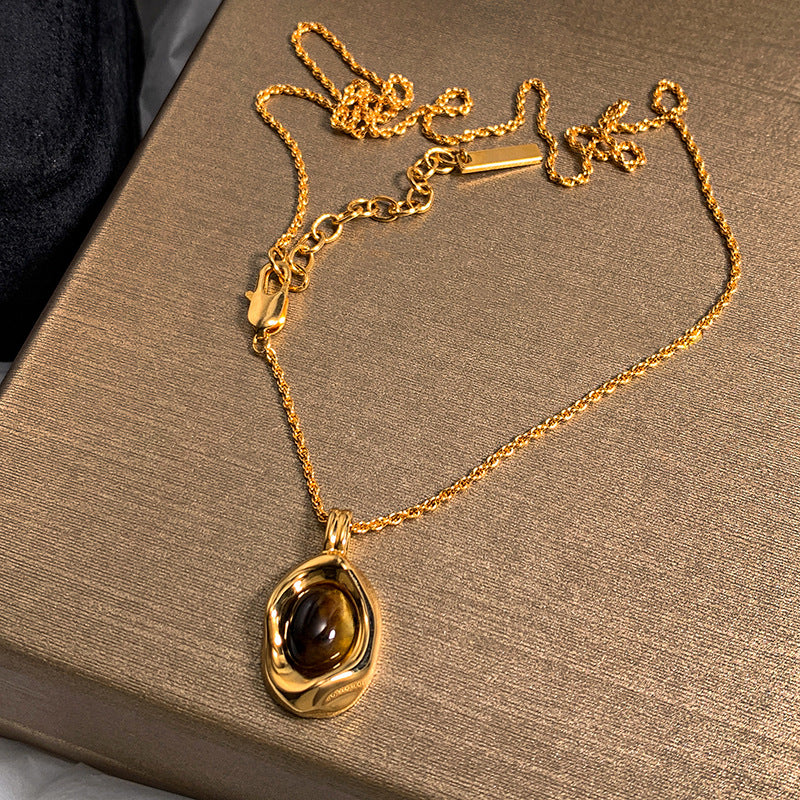 S925 Silver‑Gold‑Plated Irregular Texture Tiger's Eye Pendant Necklace, Vintage Luxury Women's Choker