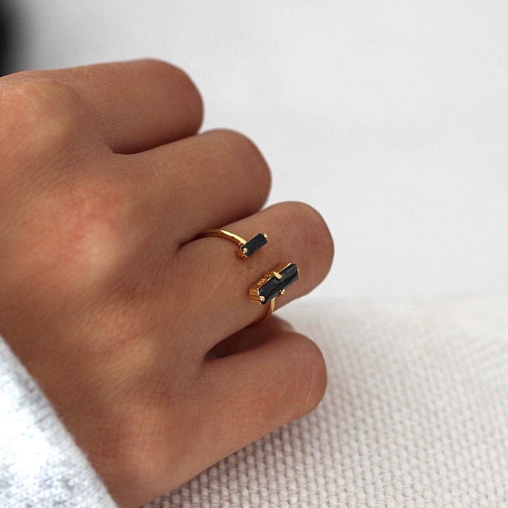 S925 Silver Dual Rectangle Black Diamond Open Ring, Minimal Geometric Asymmetric Black Diamond Adjustable Band