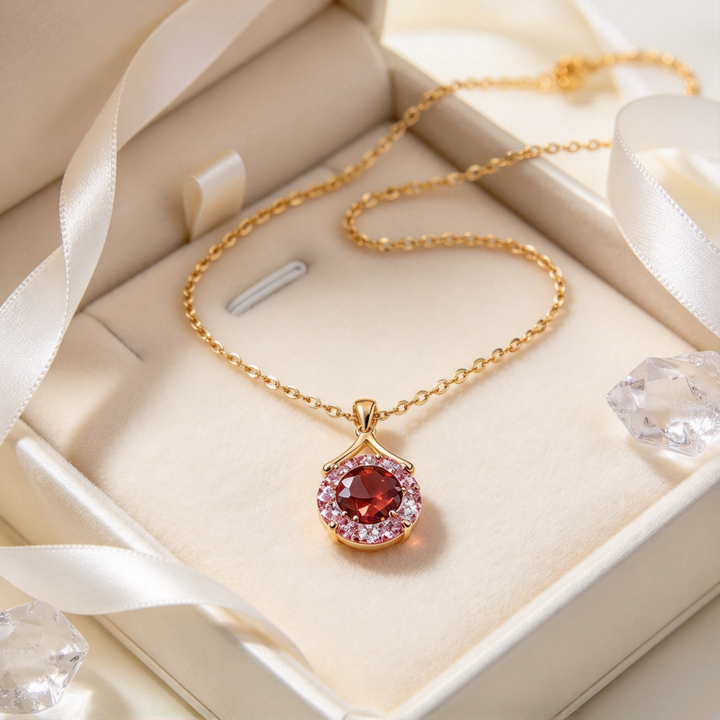 Red Center Stone With Pink Halo S925 Silver Gold‑Plated Necklace