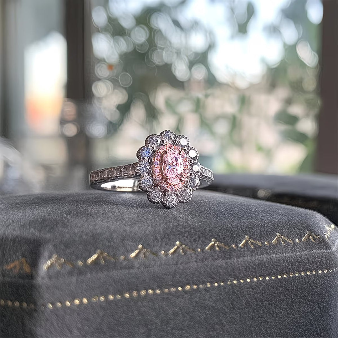 Oval Colored Gem Double Sunflower Halo Ring, Pink & Yellow Luxury Pave Engagement Band