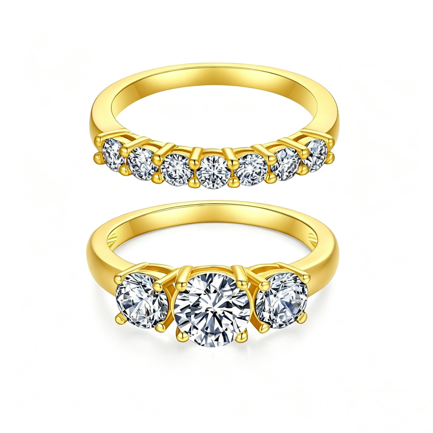 Classic Three Diamond Ring Set, 3-Stone Engagement Ring & Half Eternity Band Gold Silver Stackable Bridal Wedding Rings