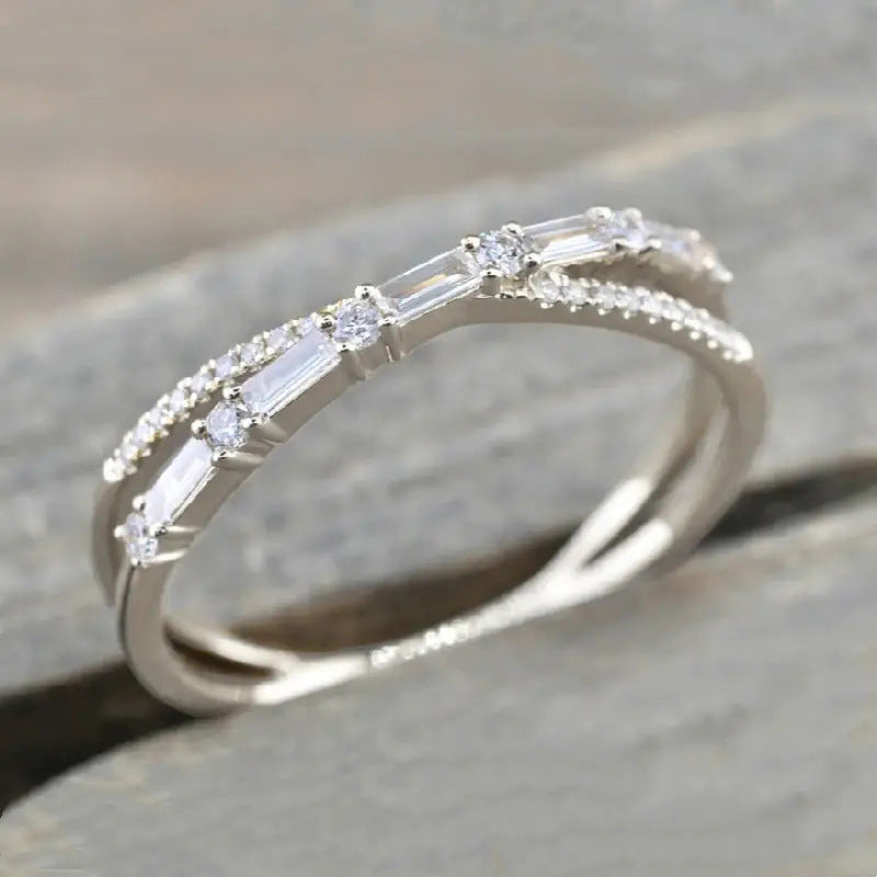 Twisted Baguette Diamond Thin Ring, Minimalist Stackable Paved Band, Gold Silver Black Three Tones Available