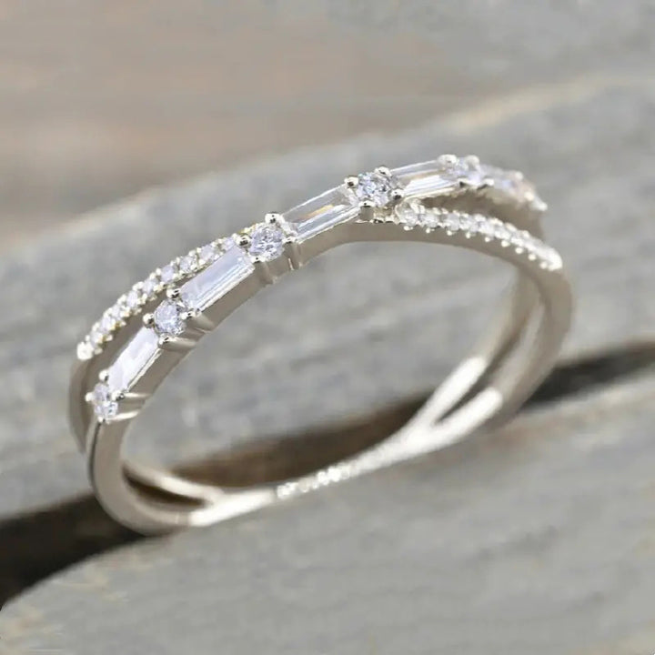 Twisted Baguette Diamond Thin Ring, Minimalist Stackable Paved Band, Gold Silver Black Three Tones Available