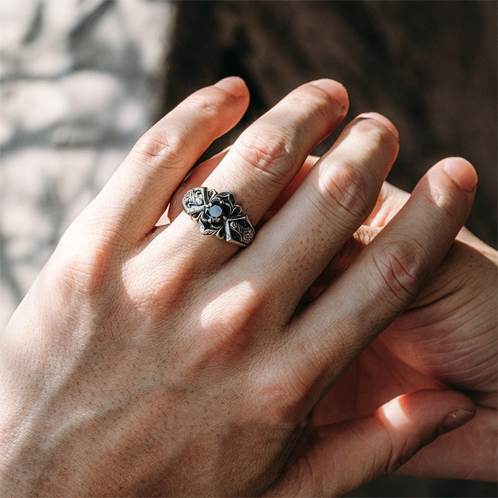 Vintage Lotus Cross Black Stone Ring (Gothic Dark Band)