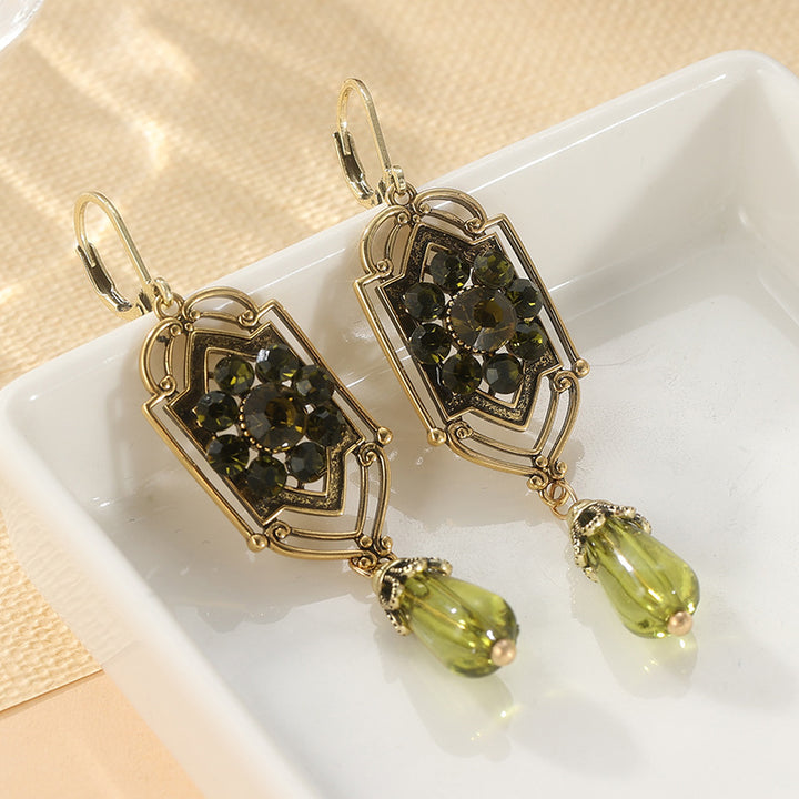Vintage Bronze Hollow Green Diamond Teardrop Drop S925 Silver Leverback Earrings, European Classical Carved Long Dangle Earrings