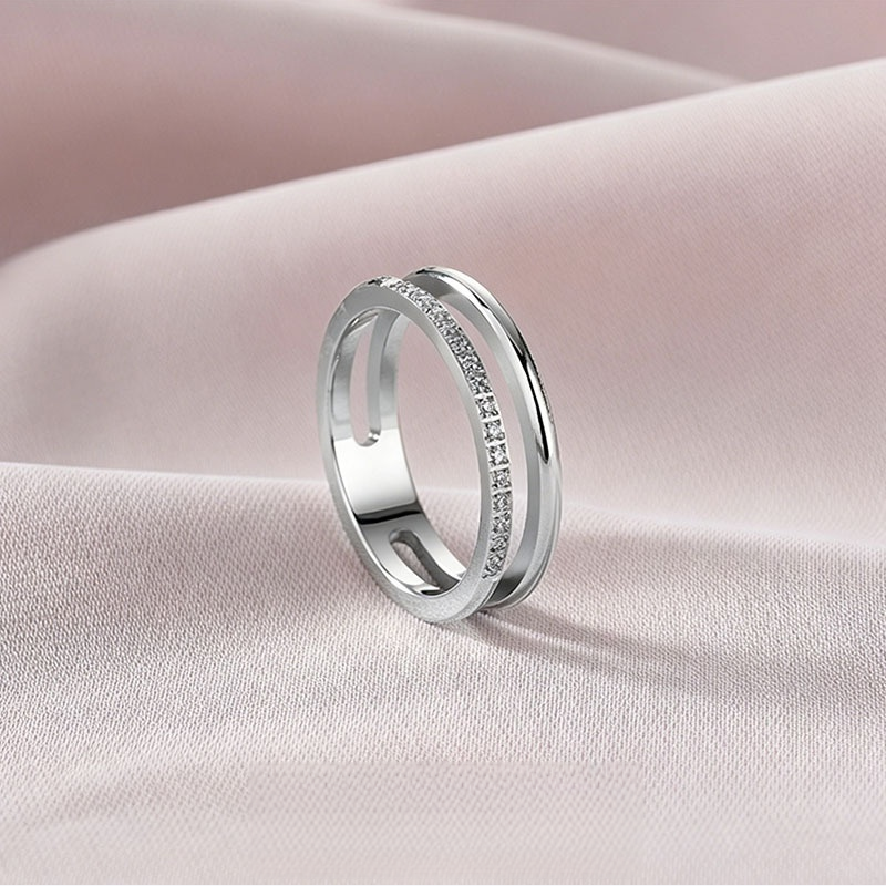 Double Intertwined Half Pave Thin Ring, 3 Colors Dainty Stacking Band For Women
