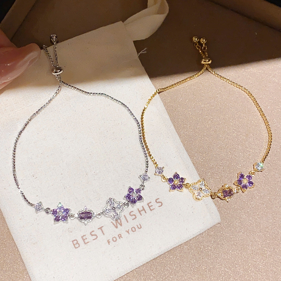 Purple‑Diamond Flower & Clover Adjustable Bracelet