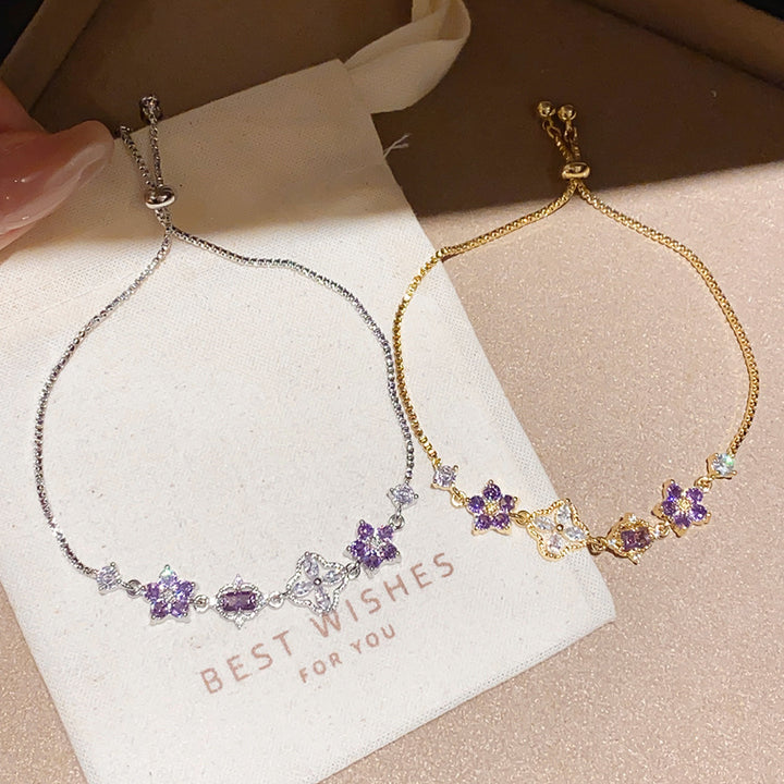 Purple‑Diamond Flower & Clover Adjustable Bracelet