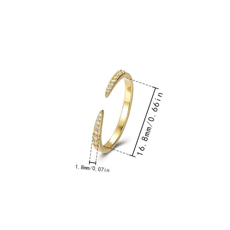 Dual Tip Paved Diamond Open Thin Ring, Minimal Micro-Paved Adjustable Geometric Line Band for Women