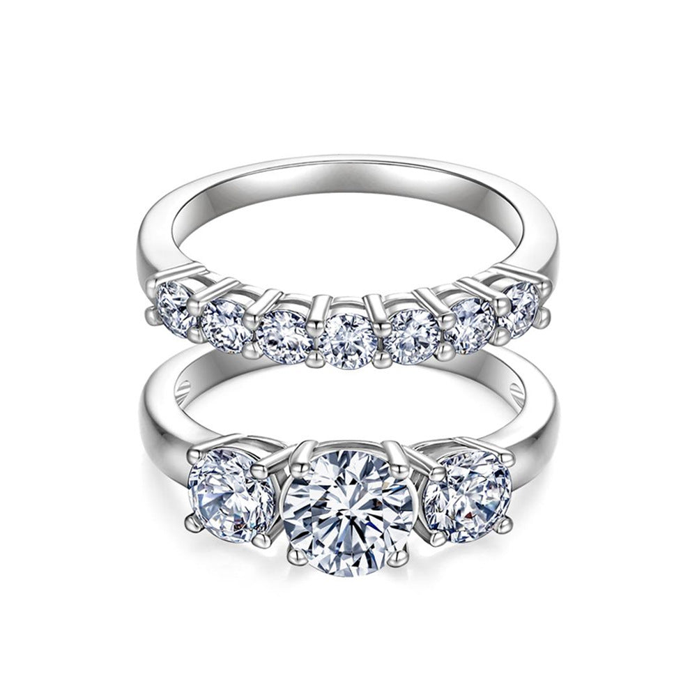 Classic Three Diamond Ring Set, 3-Stone Engagement Ring & Half Eternity Band Gold Silver Stackable Bridal Wedding Rings