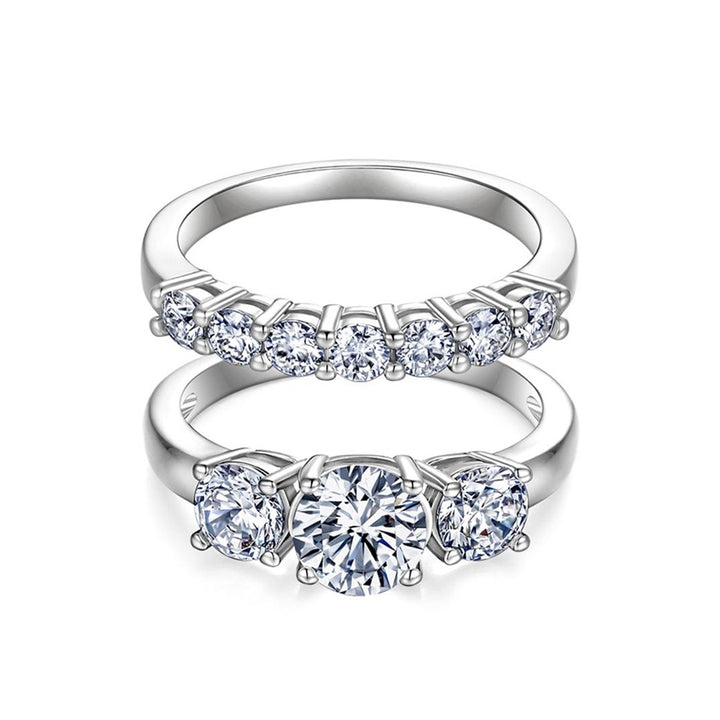 Classic Three Diamond Ring Set, 3-Stone Engagement Ring & Half Eternity Band Gold Silver Stackable Bridal Wedding Rings