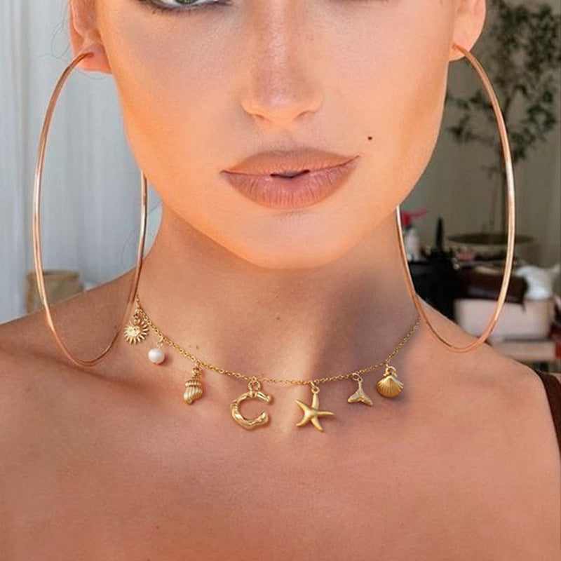 Ocean Vacation Multi-Charm Initial Choker, Starfish Shell Mermaid Tail Sun Pearl Custom Letter Thin Necklace for Women