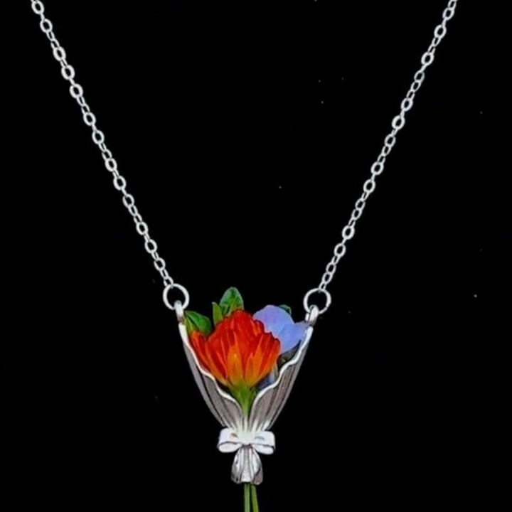 Bow Bouquet Pendant Necklace, Dainty Locket For Fresh & Dried Flowers, Gold & Silver Two-Tone Romantic Art Collarbone Chain