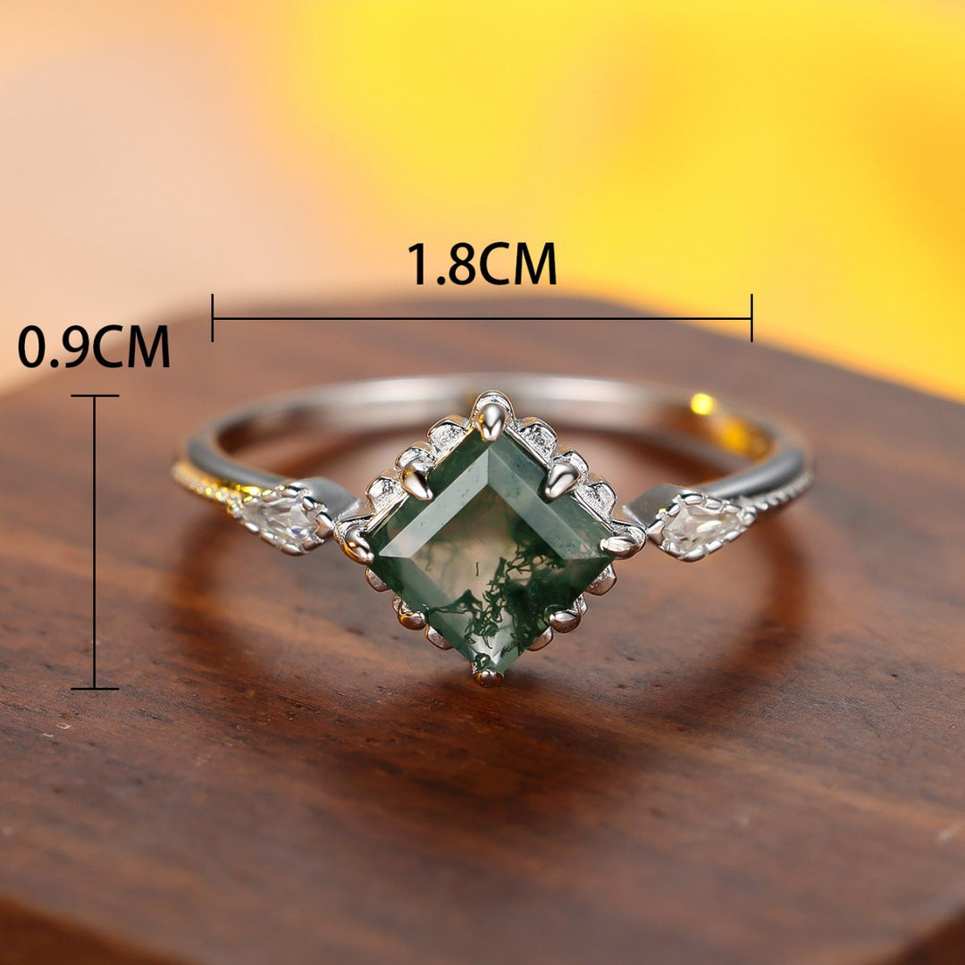 Square Moss Agate Vintage Milgrain Thin Ring, Forest Style Two-Tone Luxury Closed Dainty Daily Ring for Women