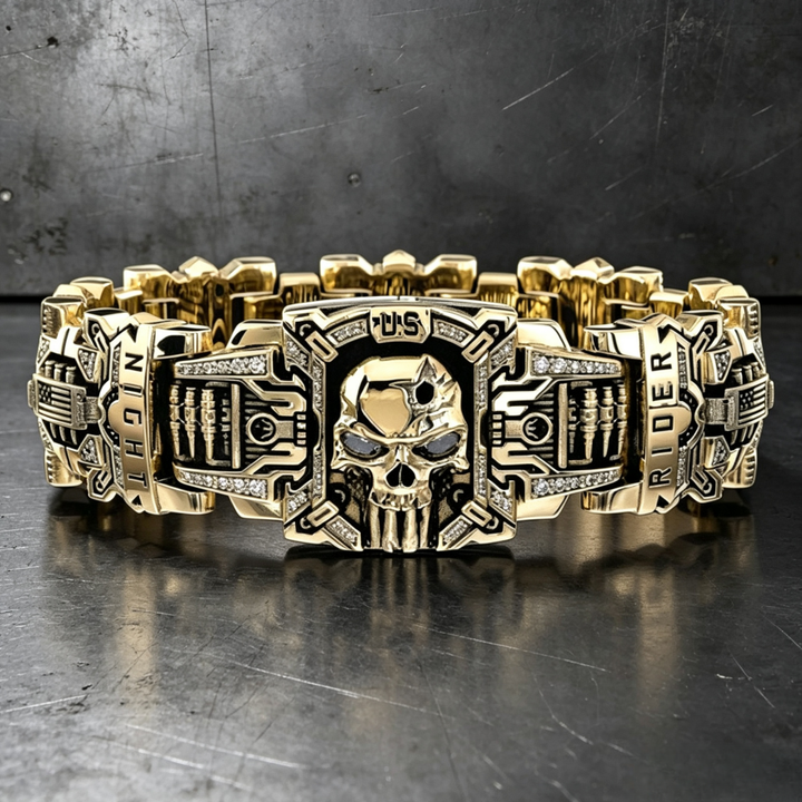 American Biker Rider Segmented Embossed Skull Crystal Wide Signet Ring, S925 Silver Two-Tone Gold & Black Vintage Men Band