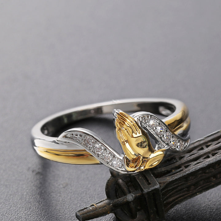 Two-Tone Praying Hands Diamond Ring (Religious Luxury Women's Band)