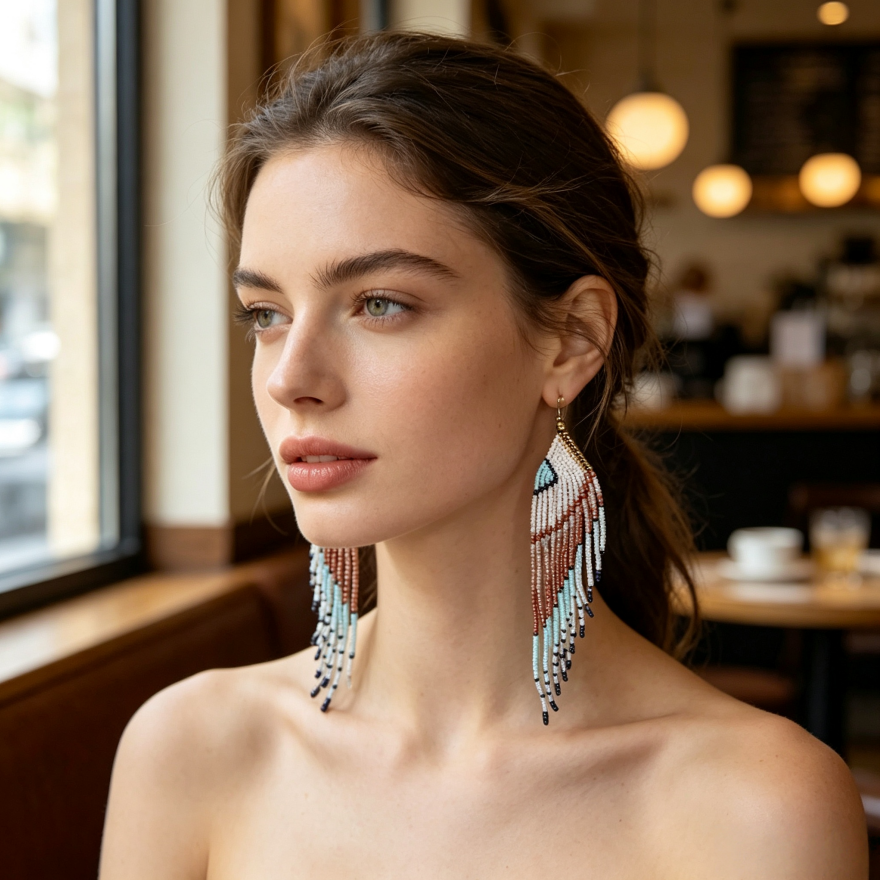 Boho Handmade Seed Bead Tassel Earrings, Ethnic Color Block Triangle Long Dangle Beaded Hook Earrings for Vacation