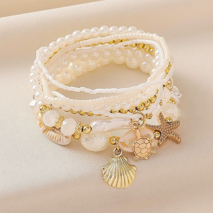 Ocean Style Boho Multi-Layer Shell & Starfish Bracelet, Stackable Beach Vacation Bracelet