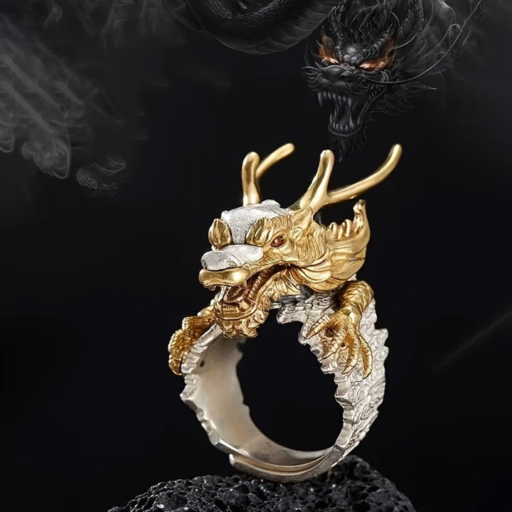 Two-Tone 3D Divine Beast Cloud Open Ring, S925 Silver Gold Plated Vintage Adjustable Wide Band For Men
