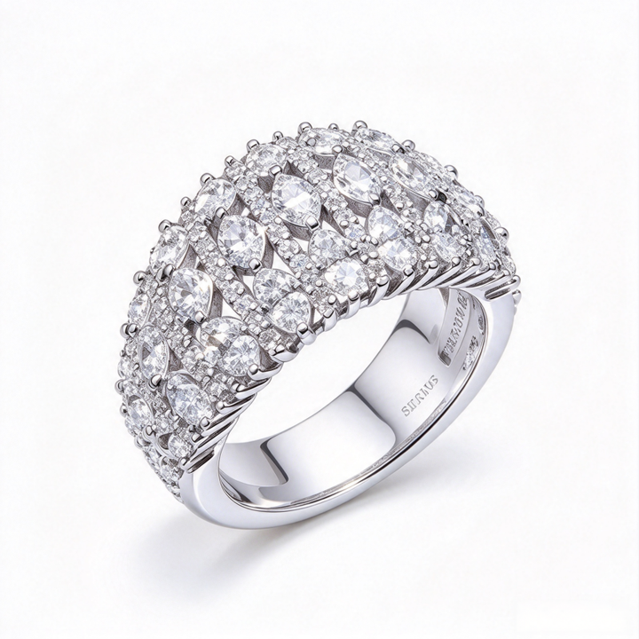 Wide Intertwined Full Stone S925 Silver Ring, Luxurious Banquet Band