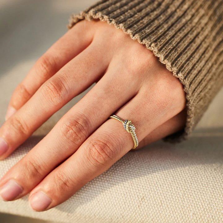 Two‑Tone Gold & Silver Twisted Cord Love Knot S925 Silver Ring, Intertwined Knot Thin Band Ring