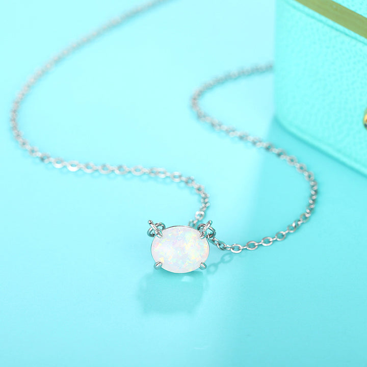Luxury Opal Oval Solitaire Necklace (Versatile Silver Tone Clavicle Chain)