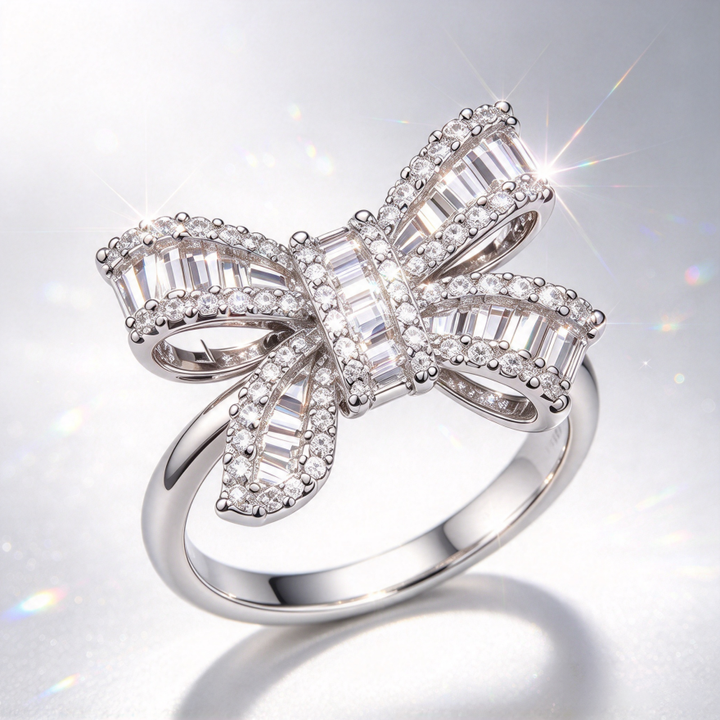 Baguette Full Diamond Bow S925 Silver Ring
