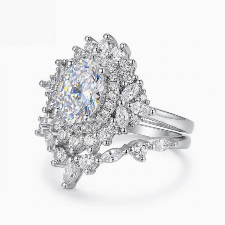 Oval‑Center‑Stone Sunflower Halo Stackable Ring Set