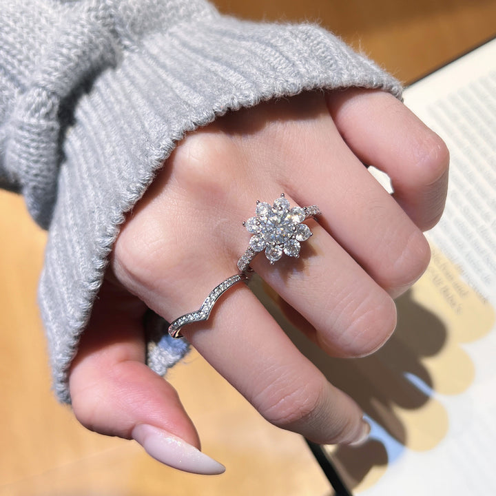 S925 Silver Sunflower Halo Diamond Ring, Luxury Pave‑Shank Engagement Proposal Women Ring