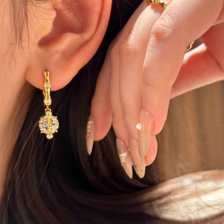 S925 Silver Bamboo Knot Huggie Earrings with Round Diamond Charms, Vintage Gold Drop Earrings