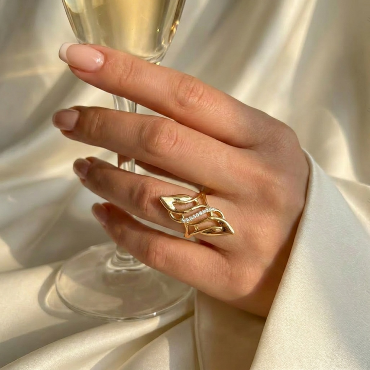 Open S925 Silver Ring With Hollow‑Out Leaf & Paved Diamonds, Luxury Leaf‑Shaped Band, Gold / Silver / Rose‑Gold Three‑Tone