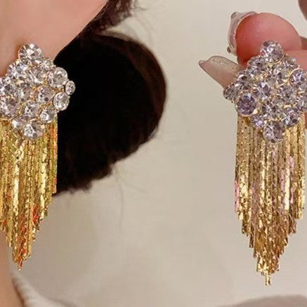 S925 Silver Multi-color Cluster Diamond Tassel Long Drop Earrings, Luxurious Slimming Earrings for Banquet